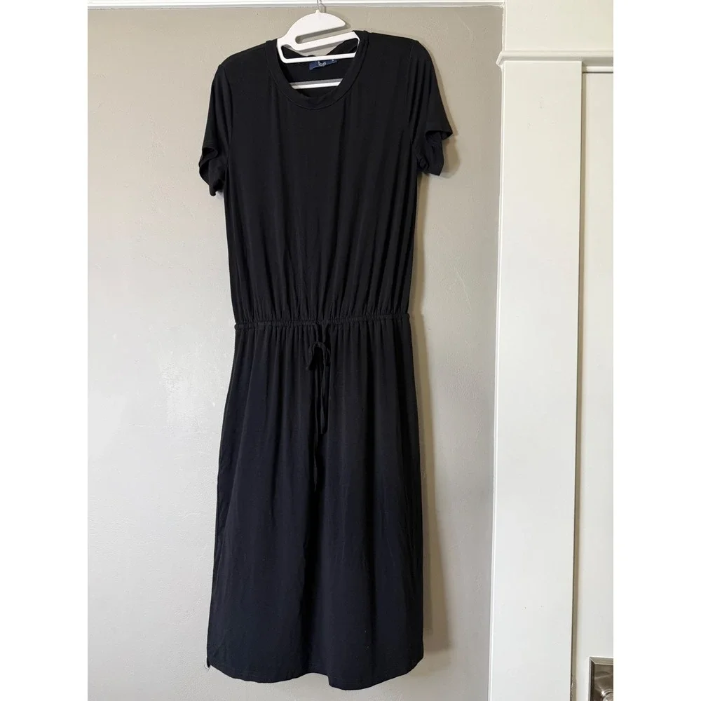 Simier Fariry Black Short Sleeve Drawstring Waist Pocket T-Shirt Midi Dress M